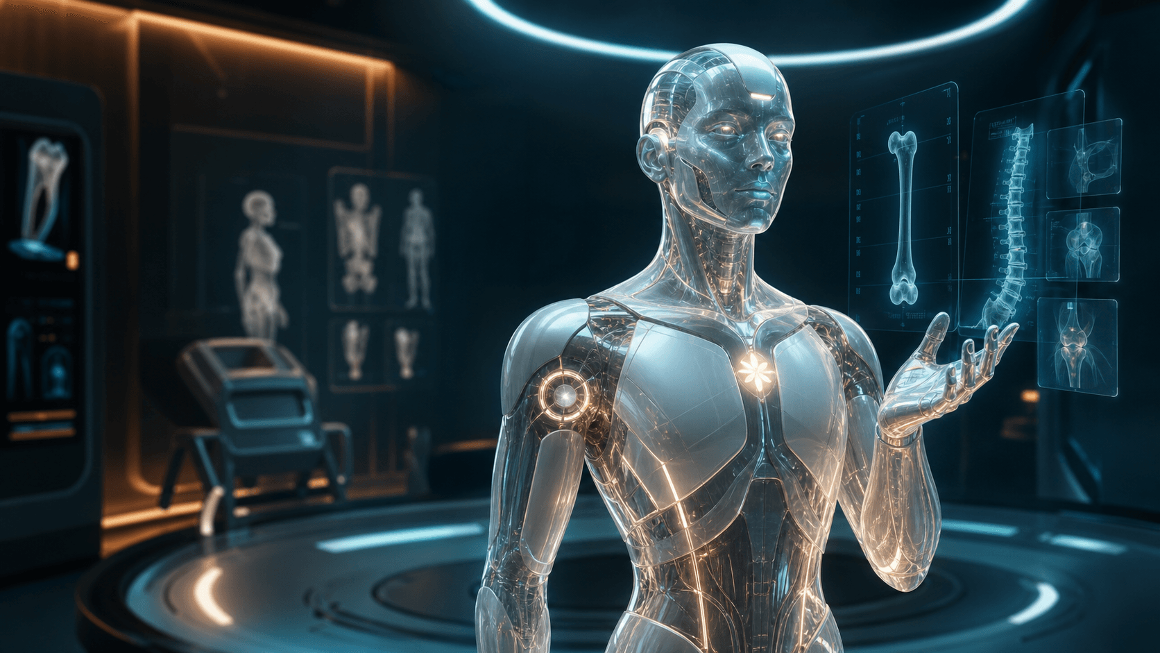Aster, the OrthoMentor AI viva mentor, in a futuristic orthopaedic simulation bay